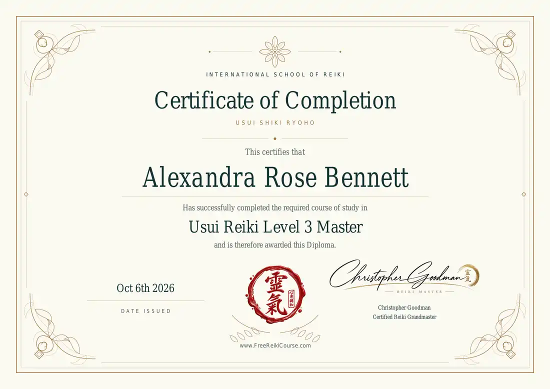 Reiki certificate example for Alexandra Rose Bennett