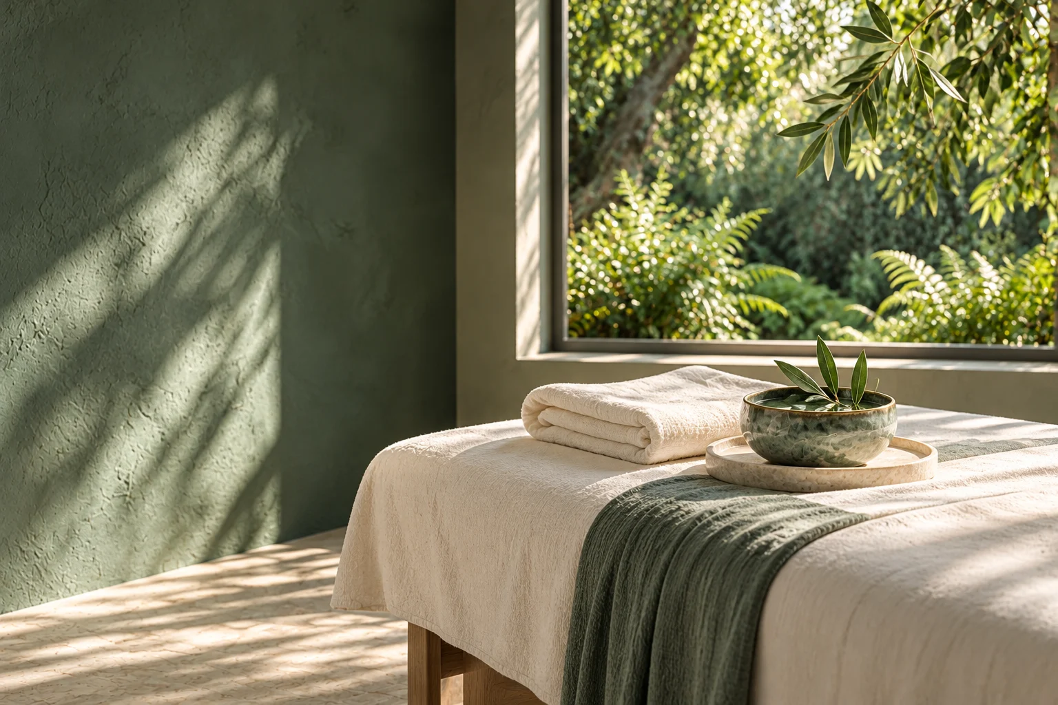 Folded ivory linen and a ceramic water bowl sit on a treatment table beside a window overlooking a leafy garden.